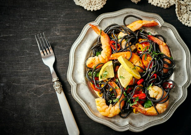 Squid Ink Spaghetti with Prawns, Tomato & Chili