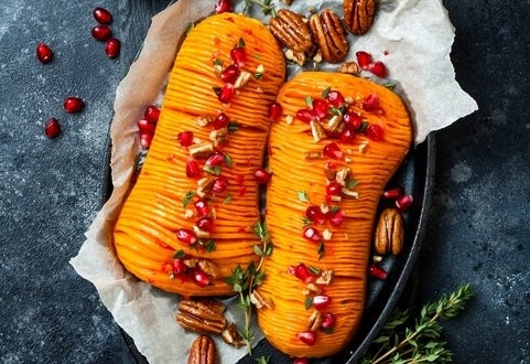 Hasselback Butternut Squash with Brown Butter & Pecans